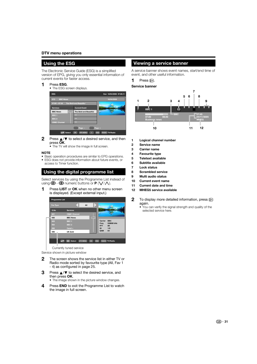 Sharp LC-37XD1E operation manual Using the ESG, Using the digital programme list, Viewing a service banner, Service banner 