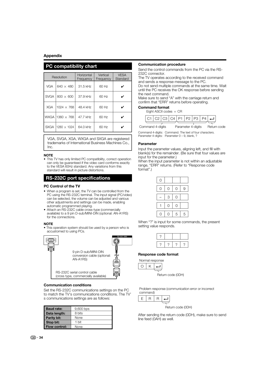 Sharp LC-37XD1E operation manual PC compatibility chart, RS-232C port speciﬁcations, Appendix 