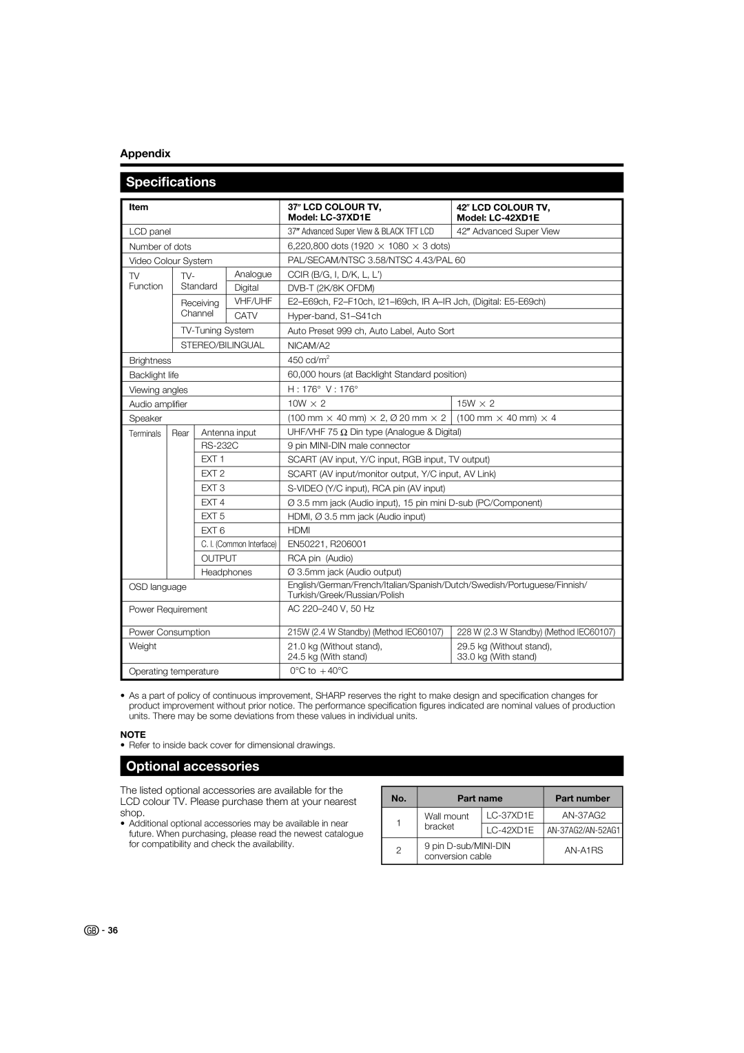 Sharp LC-37XD1E operation manual Speciﬁcations, Optional accessories, Part name Part number 