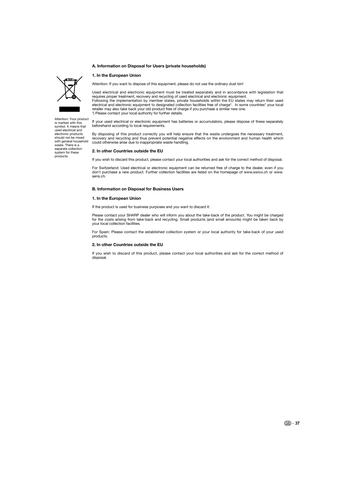 Sharp LC-37XD1E operation manual Other Countries outside the EU, Information on Disposal for Business Users European Union 