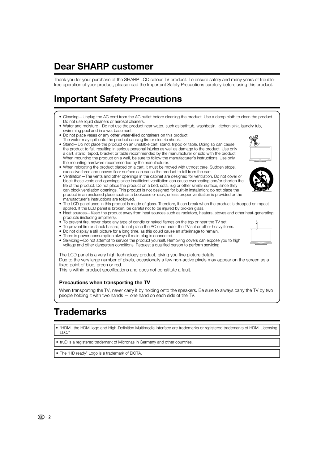 Sharp LC-37XD1E Dear Sharp customer, Important Safety Precautions, Trademarks, Precautions when transporting the TV 