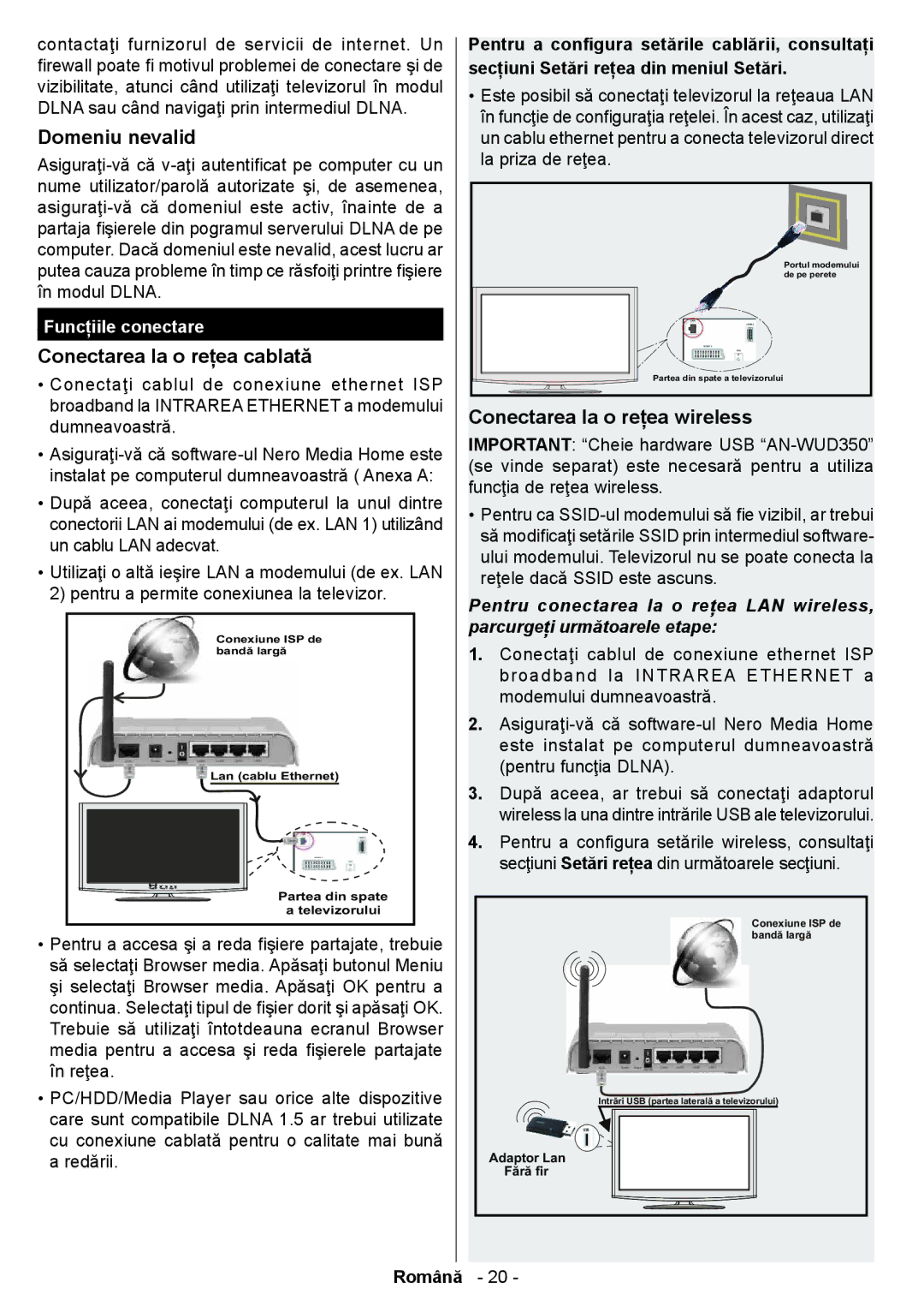 Sharp LC-39LE350V-BK Domeniu nevalid, Conectarea la o reţea cablată, Conectarea la o reţea wireless, Funcţiile conectare 