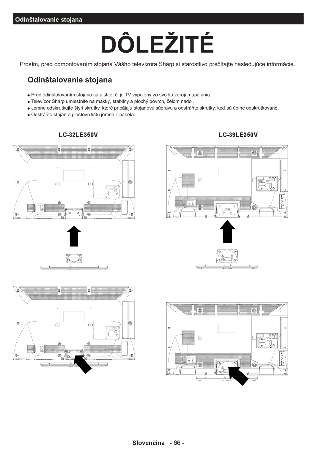 Sharp LC-32LE350V-WH, LC-39LE350V-WH, LC-39LE350V-BK manual Odinštalovanie stojana, LC-32LE350V LC-39LE350V Slovenčina 