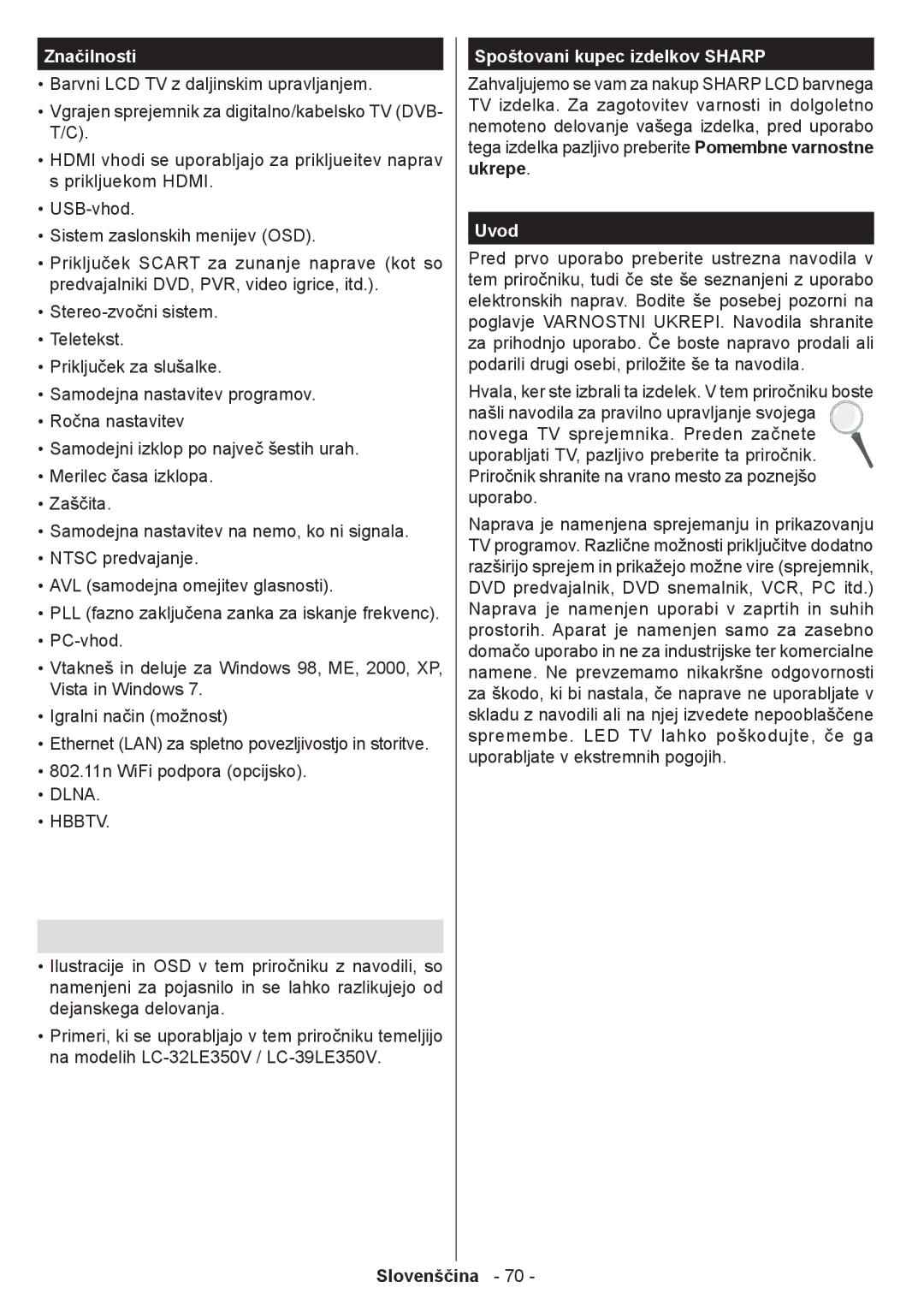 Sharp LC-32LE350V-WH, LC-39LE350V-WH, LC-39LE350V-BK, LC-32LE350V-BK manual Značilnosti, Spoštovani kupec izdelkov Sharp, Uvod 