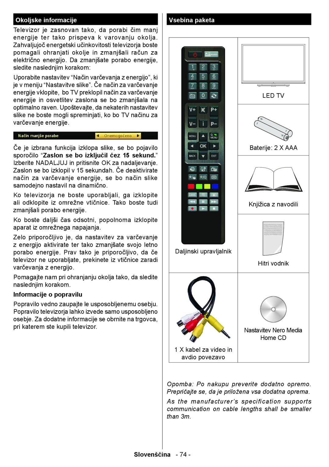 Sharp LC-32LE350V-WH Okoljske informacije, Informacije o popravilu, Vsebina paketa, Daljinski upravljalnik Hitri vodnik 