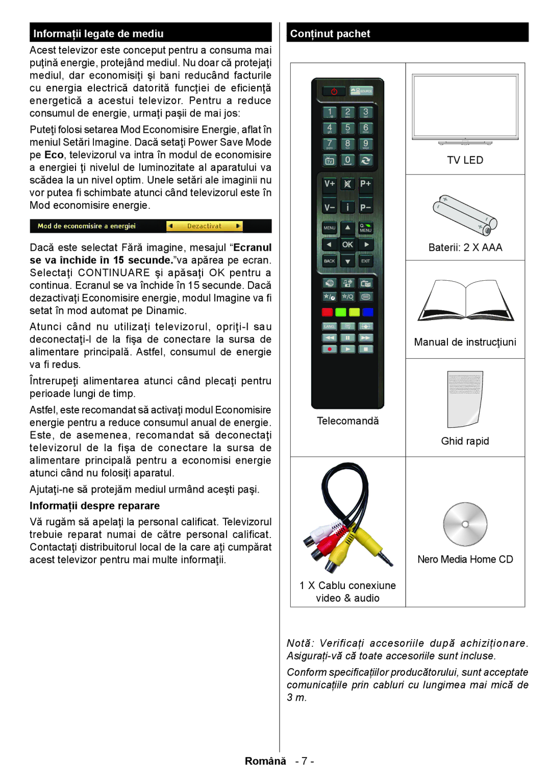 Sharp LC-39LE350V-WH, LC-39LE350V-BK manual Informaţii legate de mediu, Informaţii despre reparare, Conţinut pachet 