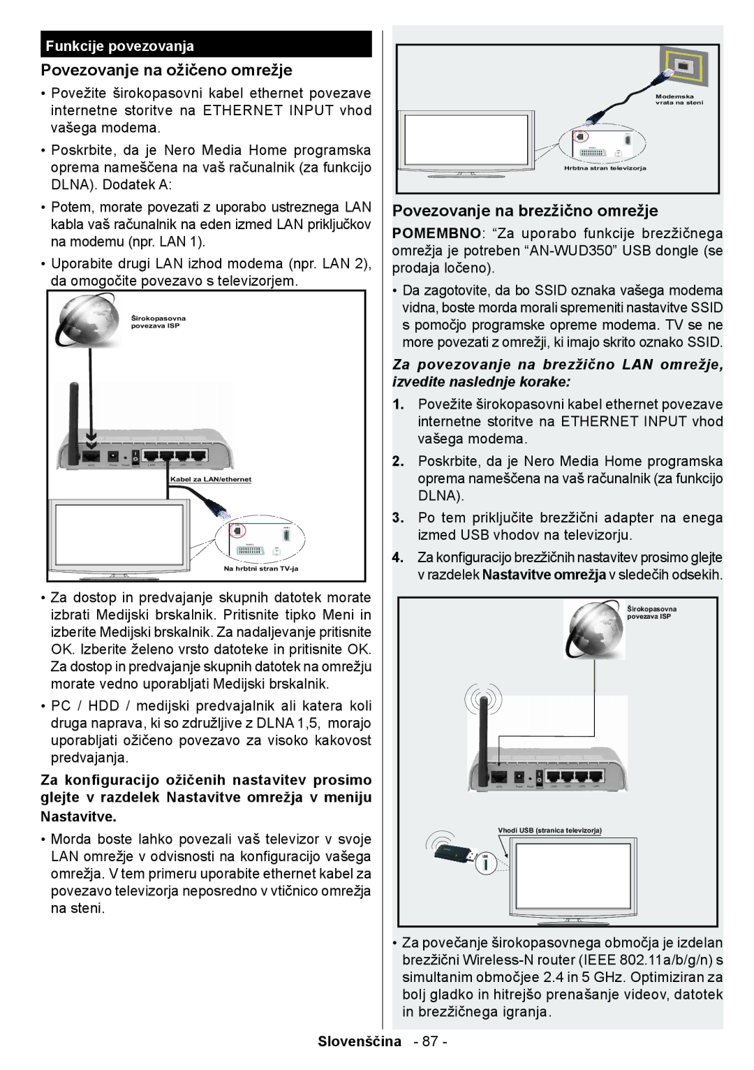 Sharp LC-39LE350V-WH manual Povezovanje na ožičeno omrežje, Povezovanje na brezžično omrežje, Funkcije povezovanja 