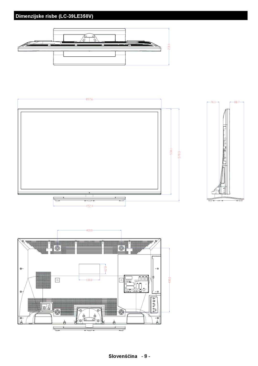 Sharp LC-39LE350V-WH, LC-39LE350V-BK, LC-32LE350V-BK, LC-32LE350V-WH manual Dimenzijske risbe LC-39LE350V 