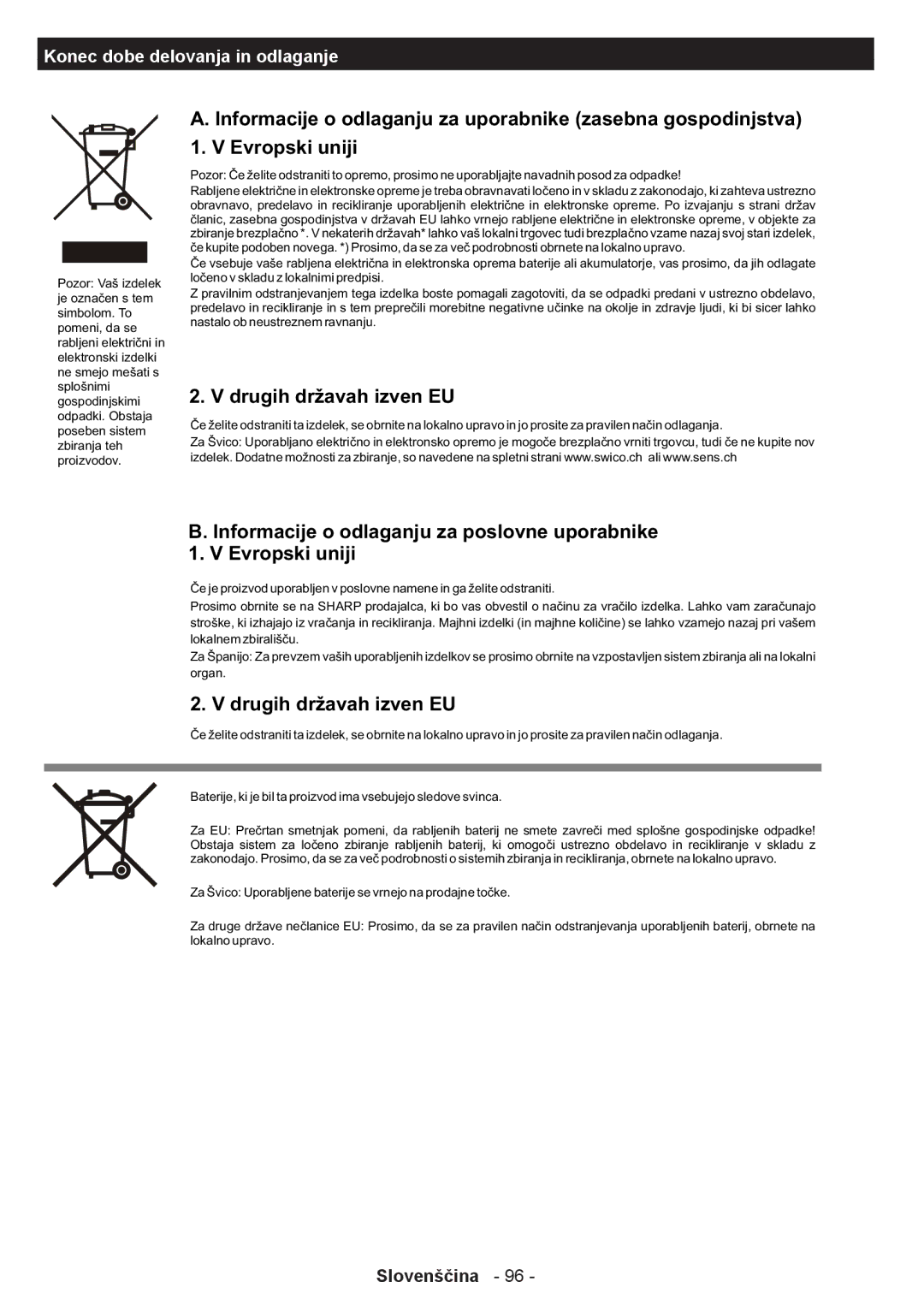 Sharp LC-39LE350V-BK manual Odlaganju za uporabnike zasebna gospodinjstva, Evropski Uniji, Drugih državah izven EU 