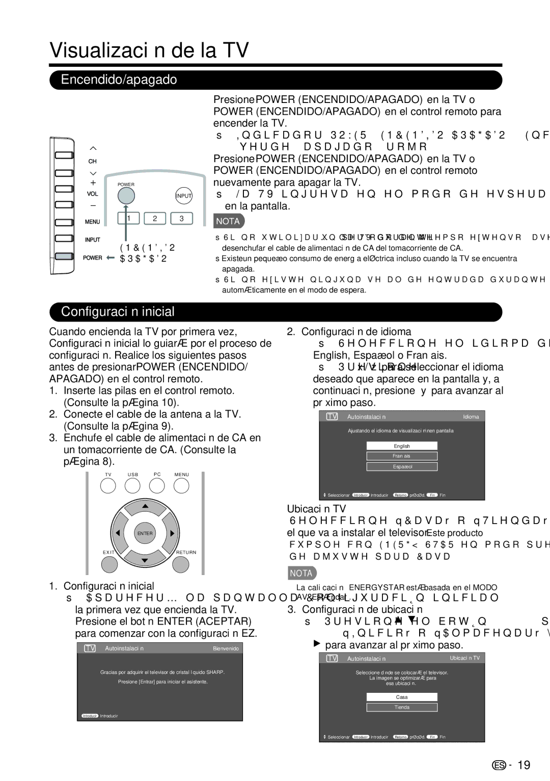 Sharp LC-39LE440U manual Visualización de la TV, Encendido/apagado, Configuración inicial 