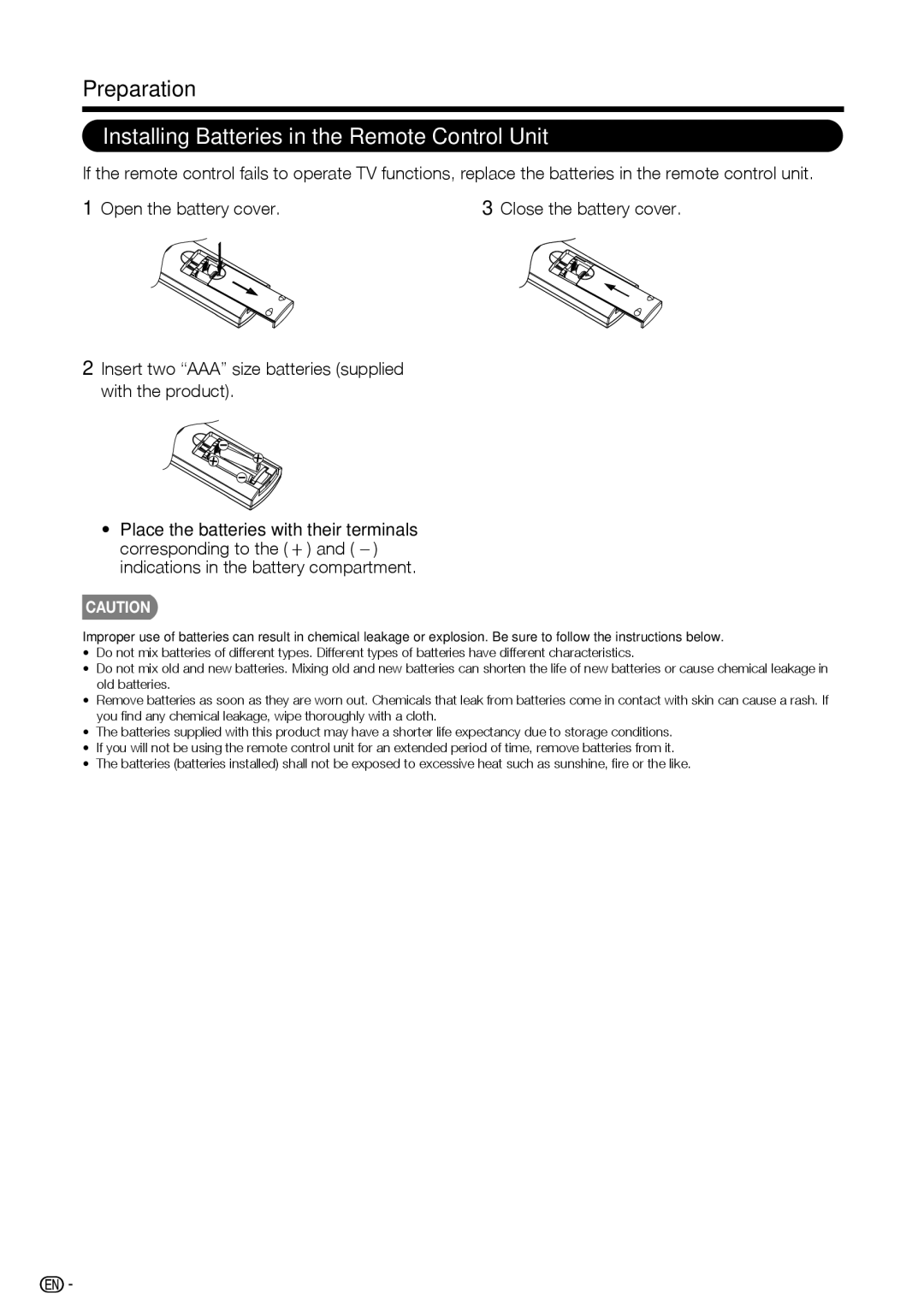 Sharp LC-39LE440U manual Preparation, Installing Batteries in the Remote Control Unit 