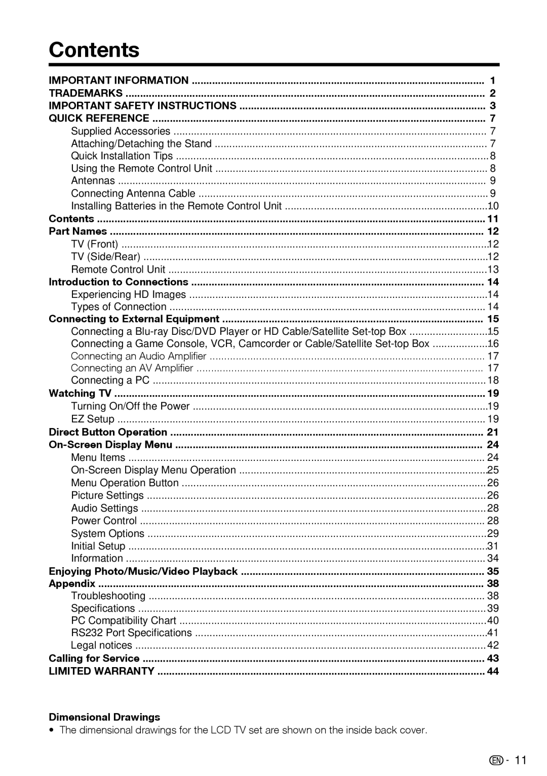 Sharp LC-39LE440U manual Contents 