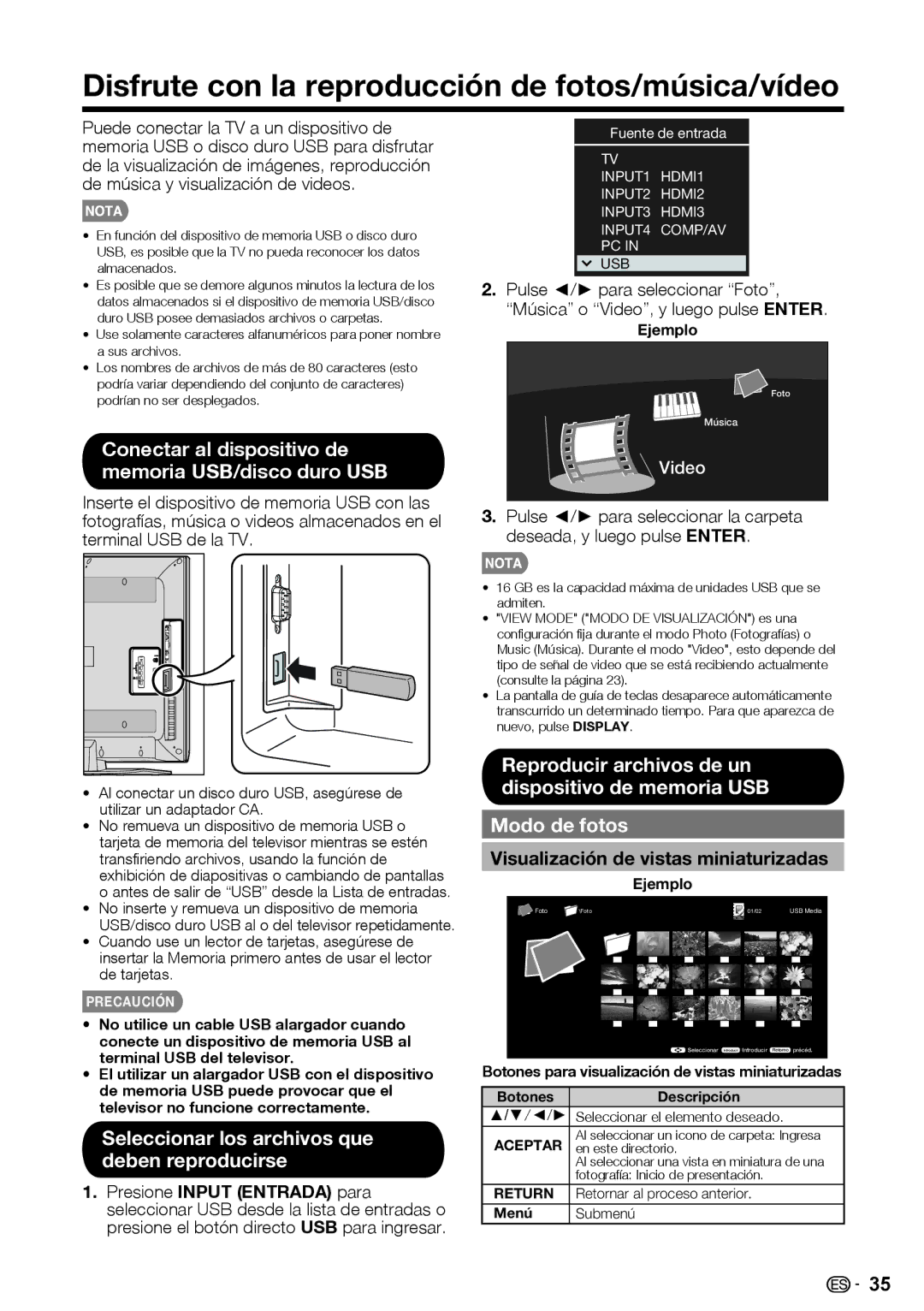 Sharp LC-39LE440U Conectar al dispositivo de memoria USB/disco duro USB, Seleccionar los archivos que deben reproducirse 