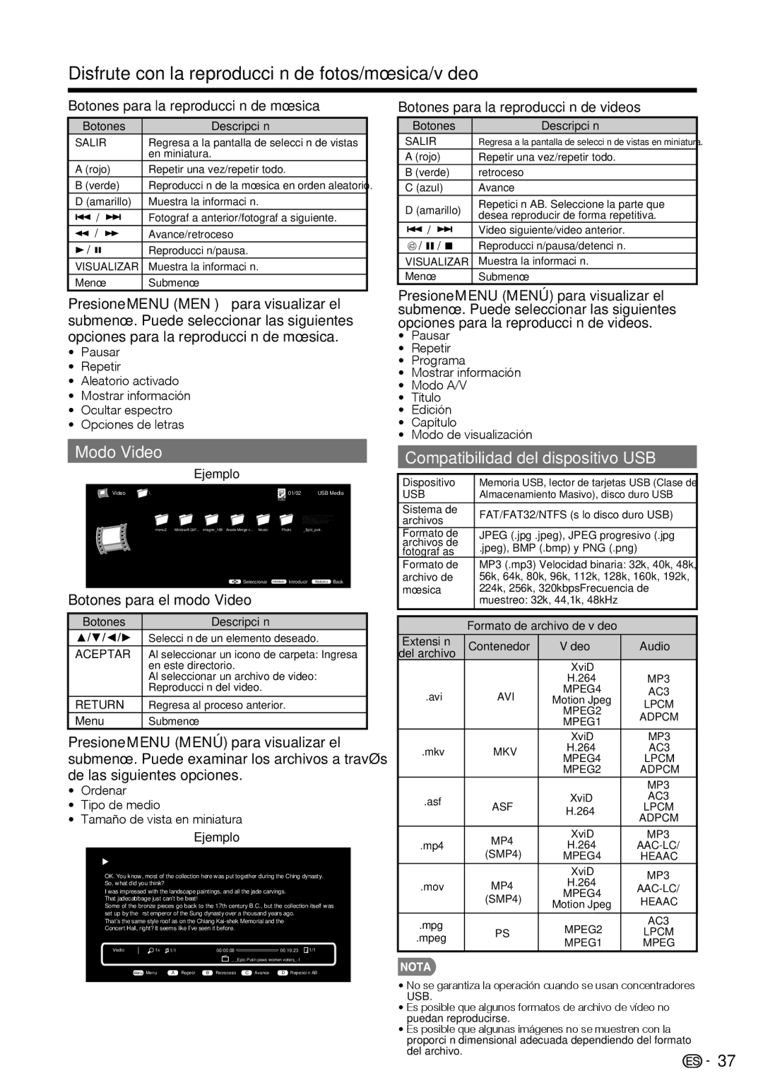 Sharp LC-39LE440U manual Modo Video, Compatibilidad del dispositivo USB, Botones para la reproducción de música 