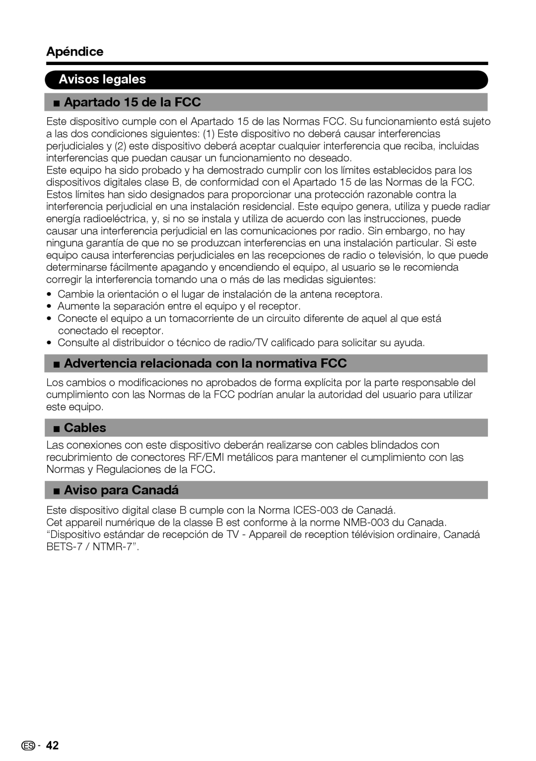 Sharp LC-39LE440U Avisos legales, Apartado 15 de la FCC, Advertencia relacionada con la normativa FCC, Aviso para Canadá 