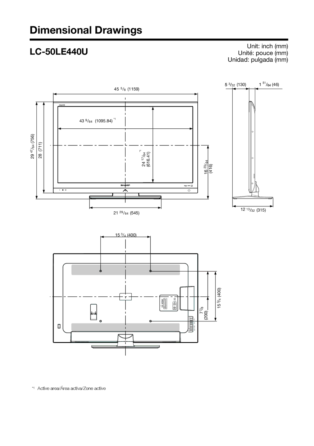 Sharp LC-39LE440U manual Dimensional Drawings, Unit inch mm Unité pouce mm Unidad pulgada mm 