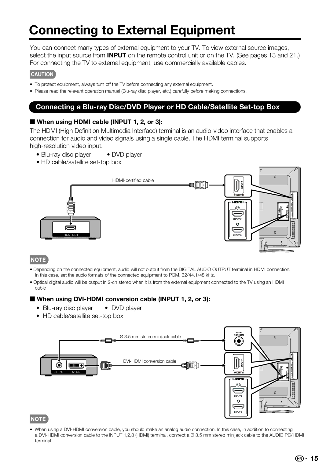 Sharp LC-39LE440U manual Connecting to External Equipment, When using Hdmi cable Input 1, 2, or 