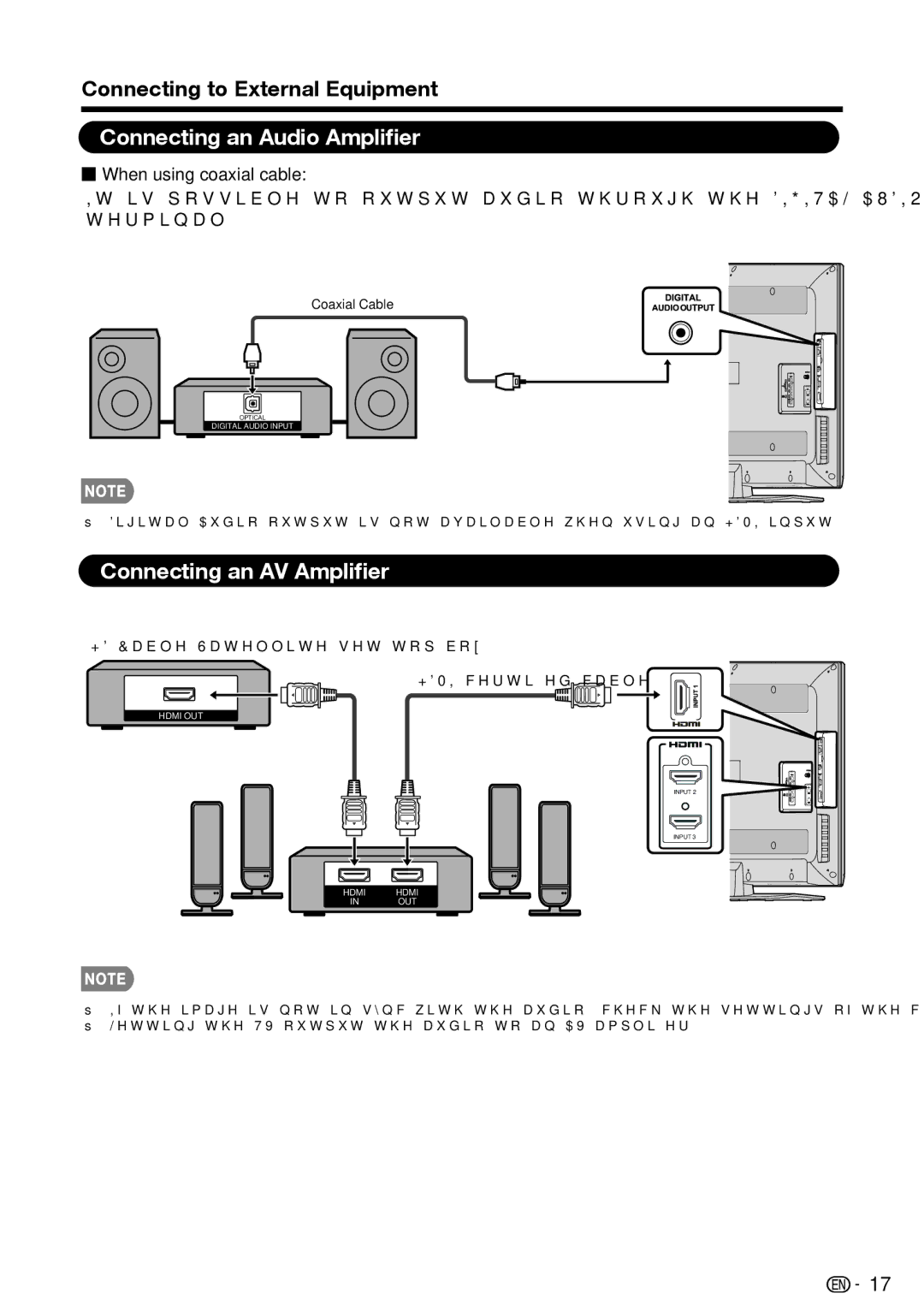 Sharp LC-39LE440U manual Connecting an Audio Ampliﬁer, Connecting an AV Ampliﬁer, When using coaxial cable 