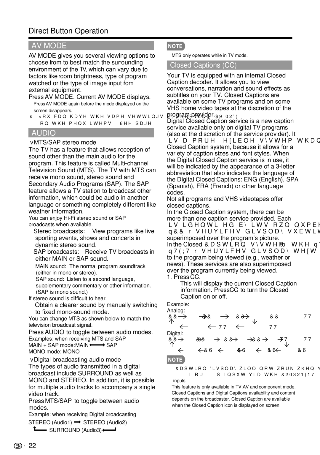 Sharp LC-39LE440U manual Direct Button Operation, Closed Captions CC, MTS/SAP stereo mode 