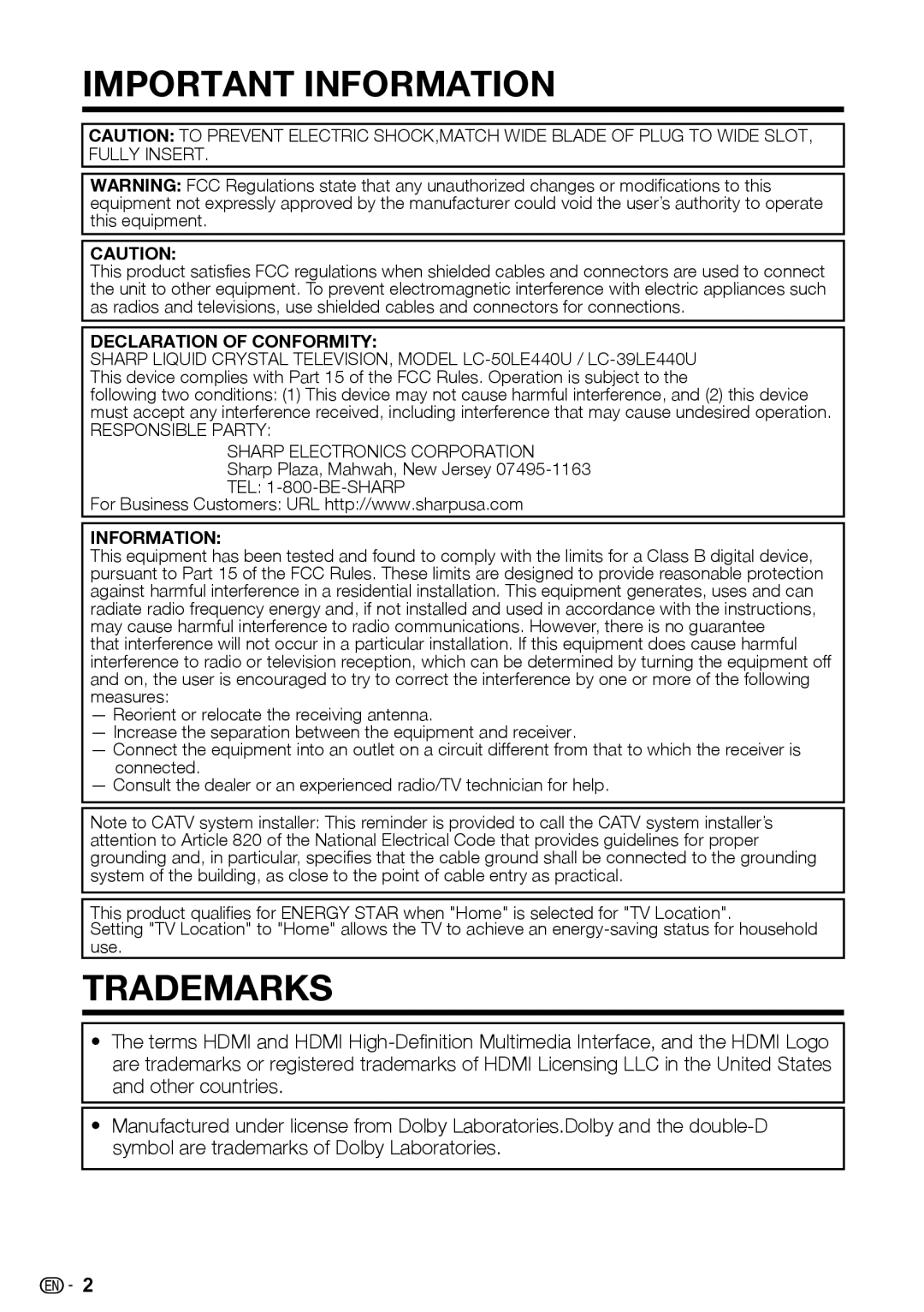 Sharp LC-39LE440U manual Declaration of Conformity, Sharp Plaza, Mahwah, New Jersey, Information 