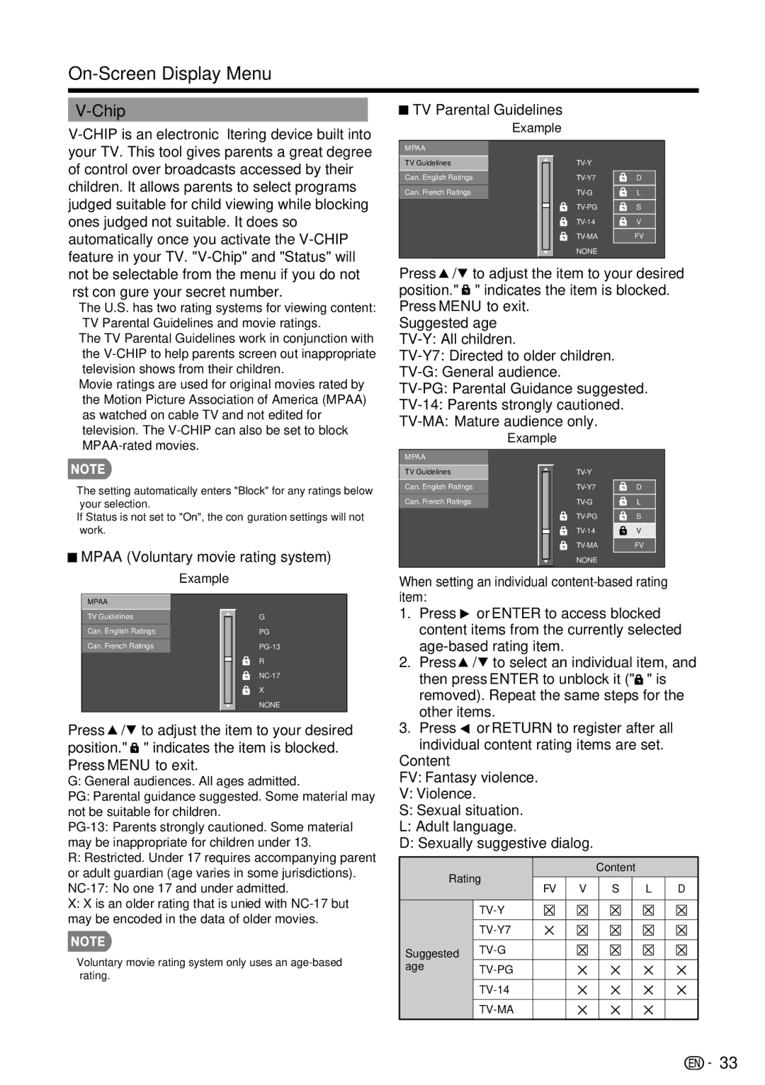 Sharp LC-39LE440U manual Chip is an electronic ﬁltering device built into, TV Parental Guidelines 