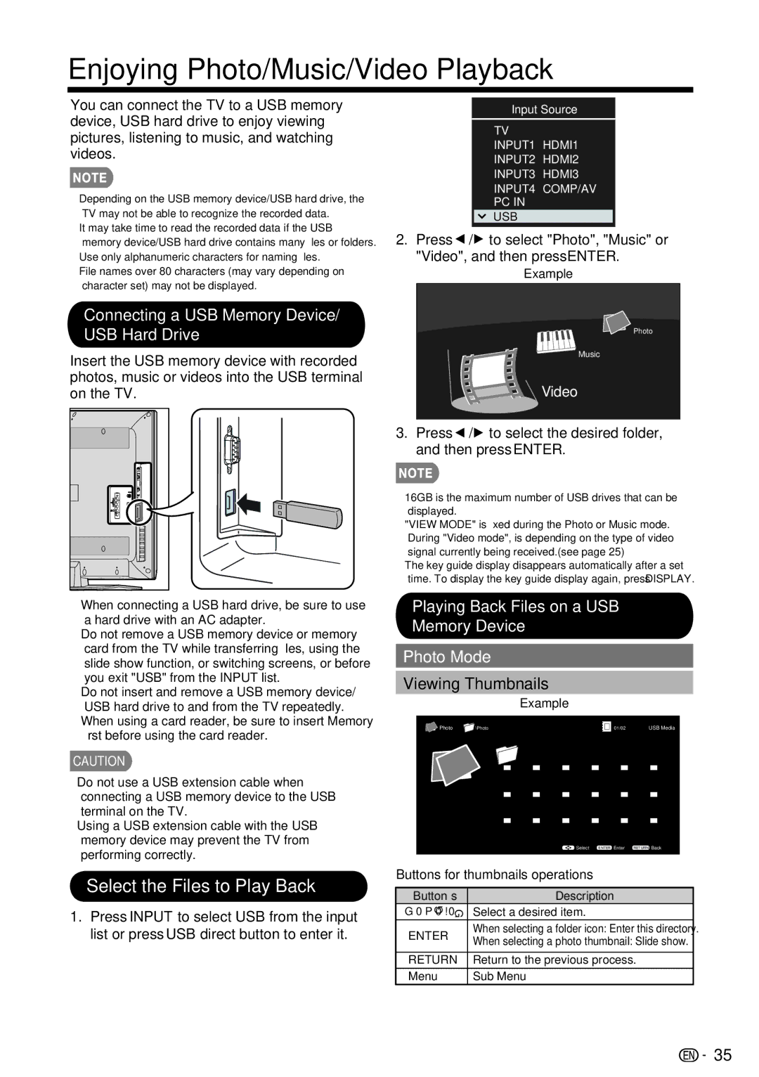 Sharp LC-39LE440U Enjoying Photo/Music/Video Playback, Select the Files to Play Back, Buttons for thumbnails operations 