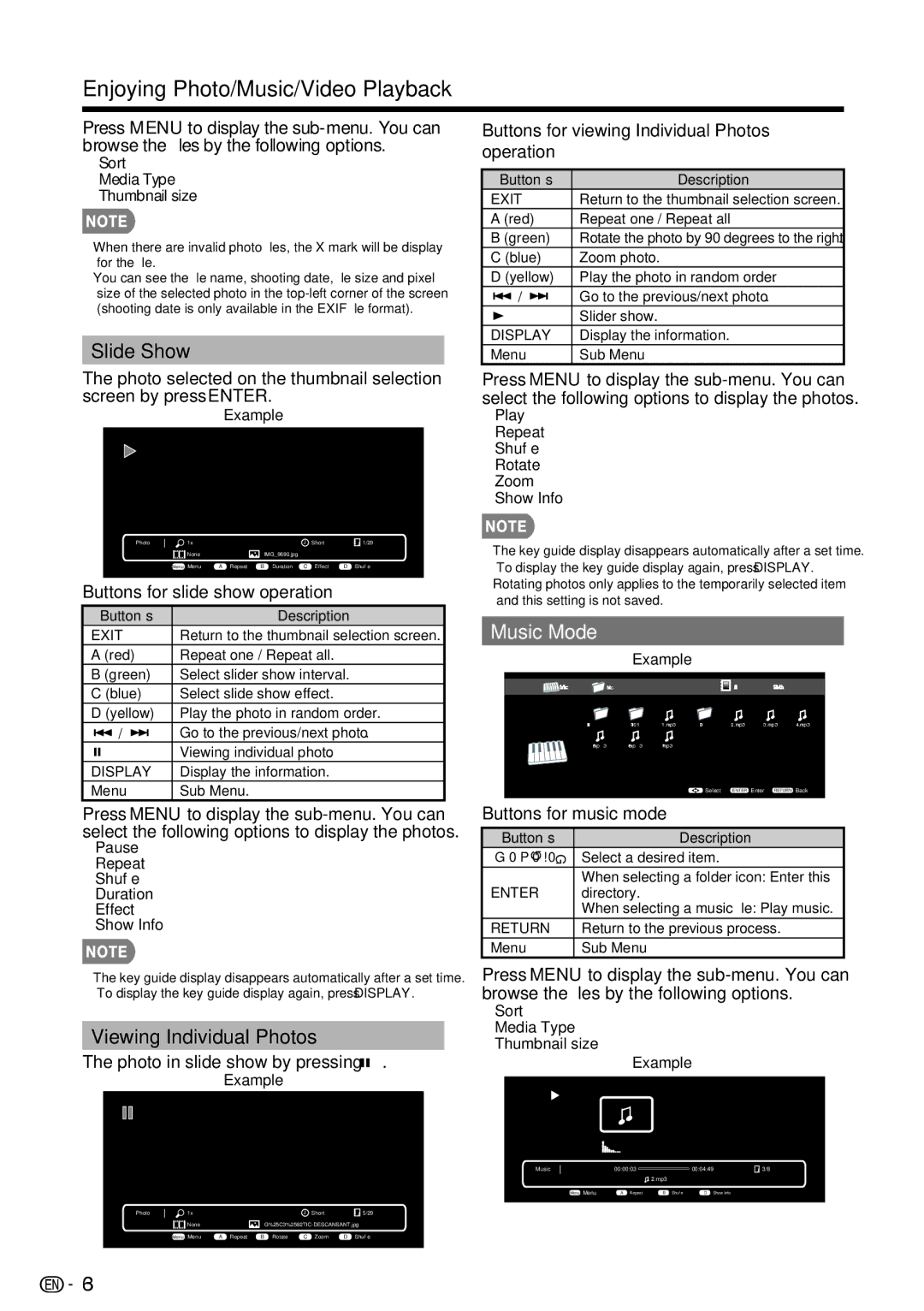 Sharp LC-39LE440U manual Enjoying Photo/Music/Video Playback, Slide Show, Viewing Individual Photos, Music Mode 