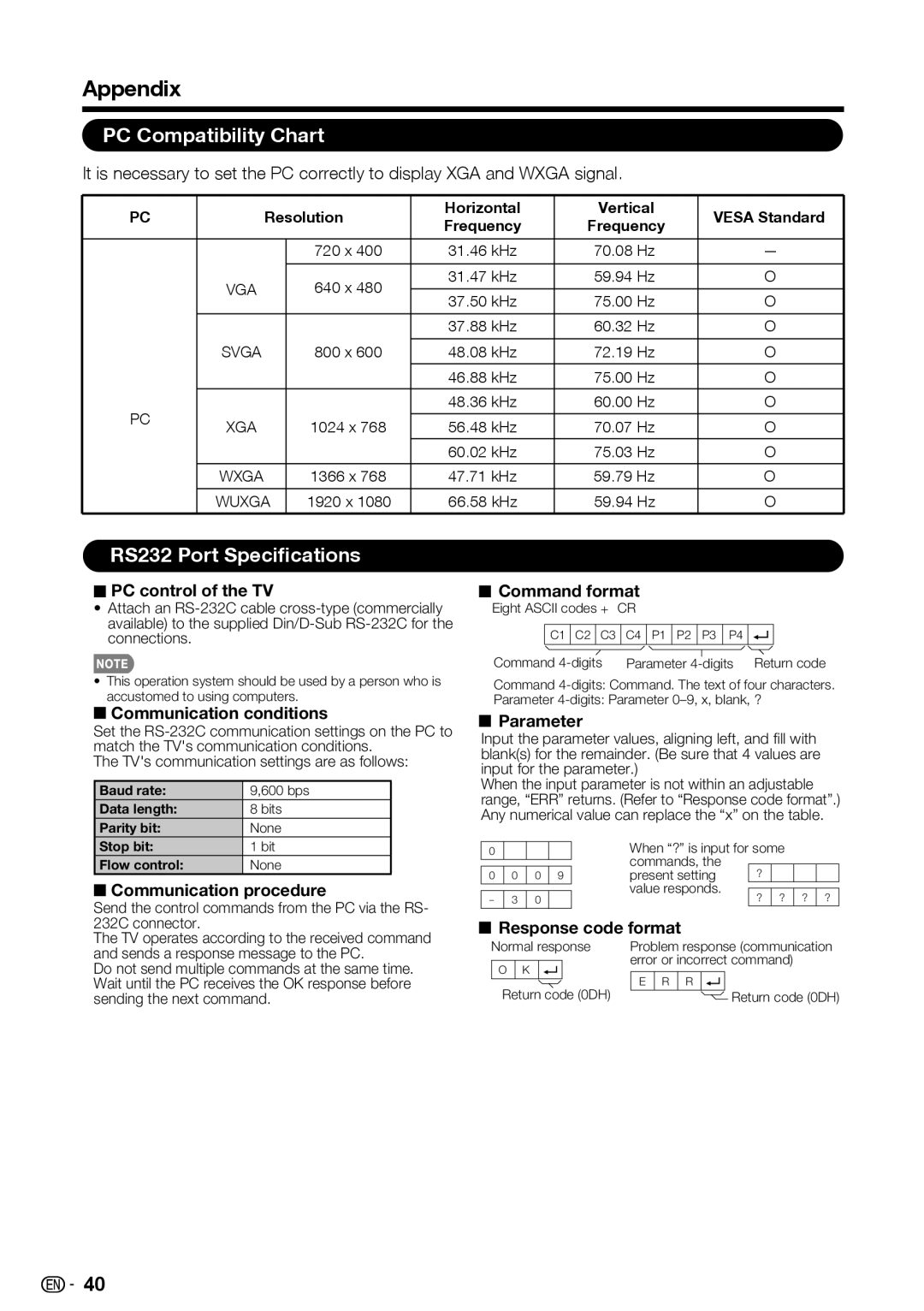 Sharp LC-39LE440U manual PC Compatibility Chart, RS232 Port Specifications 