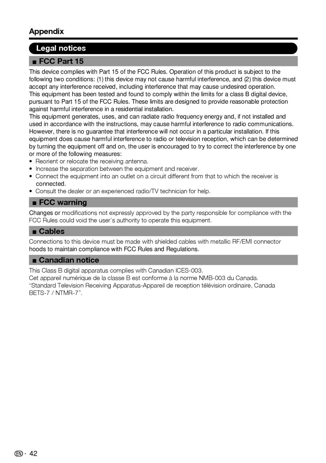 Sharp LC-39LE440U manual Legal notices, FCC Part, FCC warning, Cables, Canadian notice 