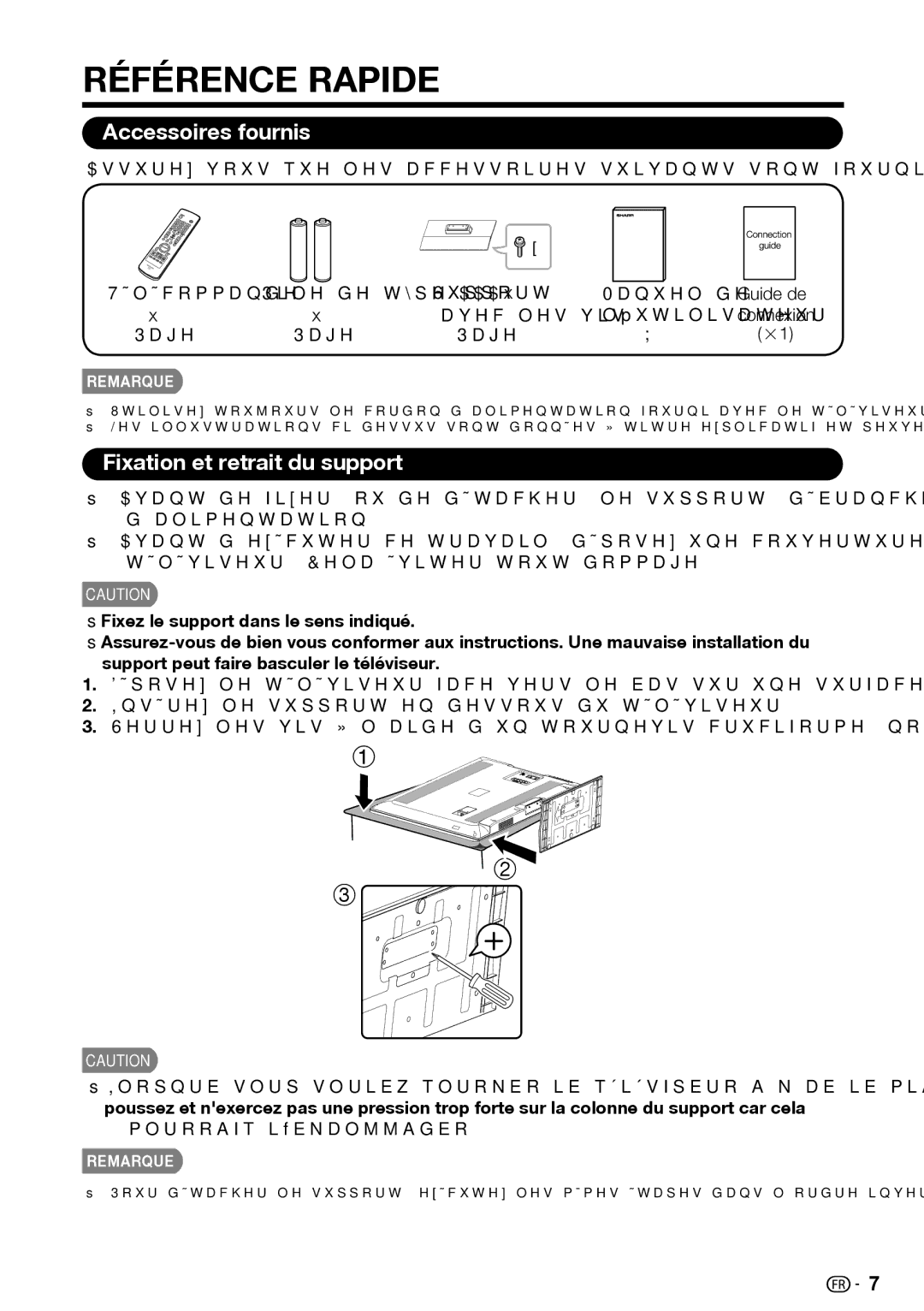 Sharp LC-39LE440U manual Accessoires fournis, Fixation et retrait du support, Guide de 