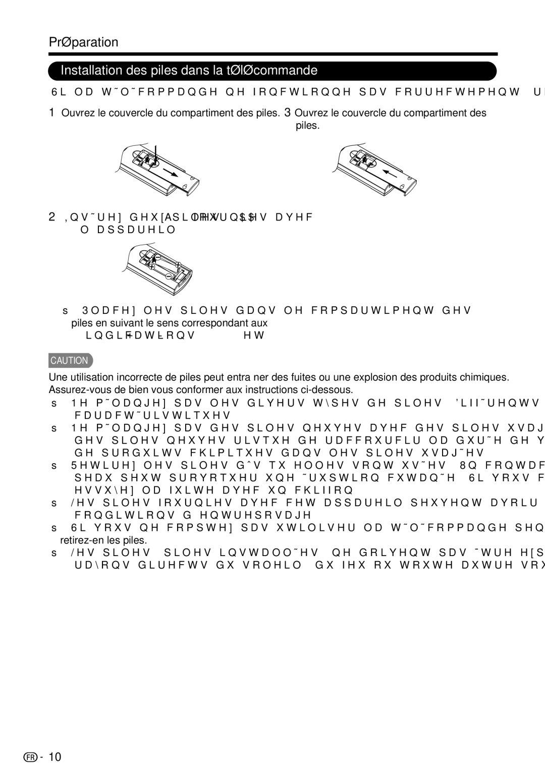 Sharp LC-39LE440U manual Préparation, Installation des piles dans la télécommande 
