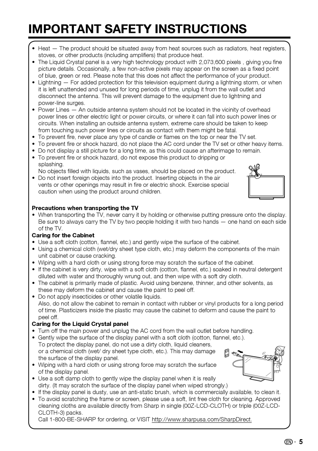 Sharp LC-39LE440U manual Precautions when transporting the TV, Caring for the Cabinet, Caring for the Liquid Crystal panel 