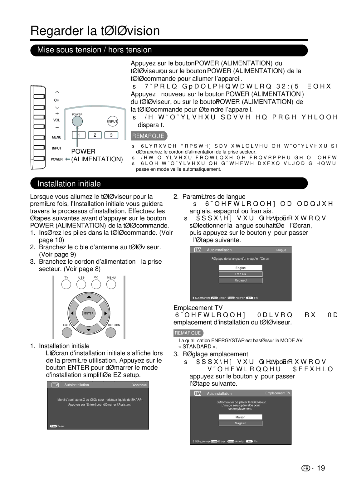 Sharp LC-39LE440U manual Regarder la télévision, Mise sous tension / hors tension, Installation initiale 