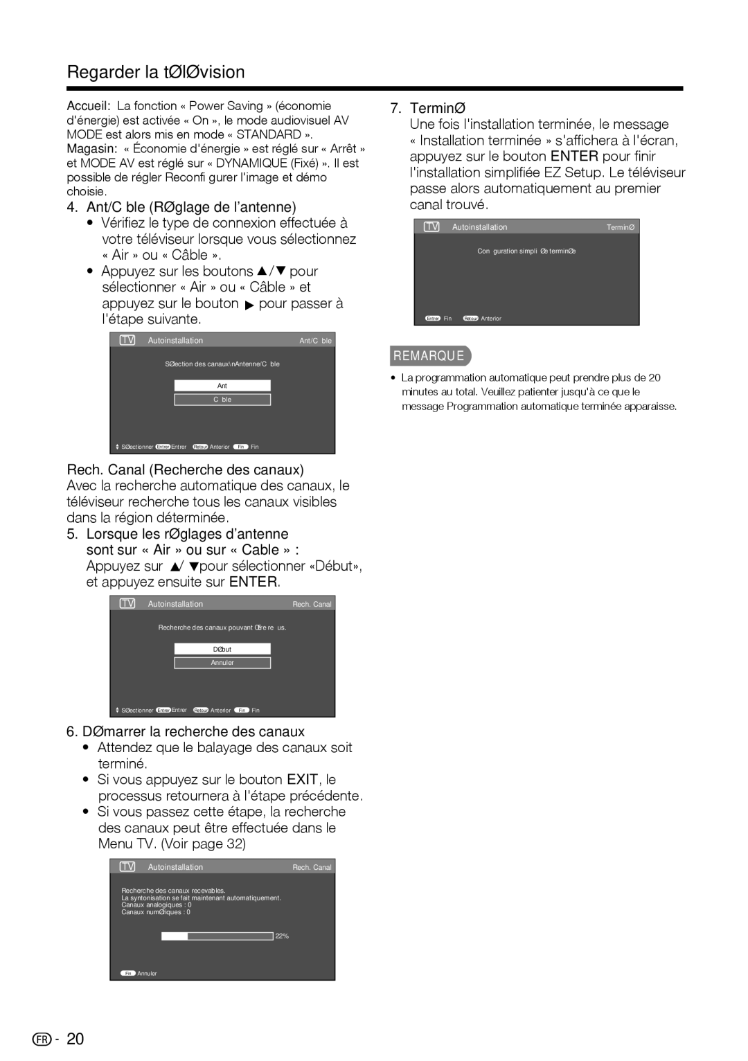 Sharp LC-39LE440U manual Regarder la télévision, Ant/Câble Réglage de lantenne, Rech. Canal Recherche des canaux, Terminé 
