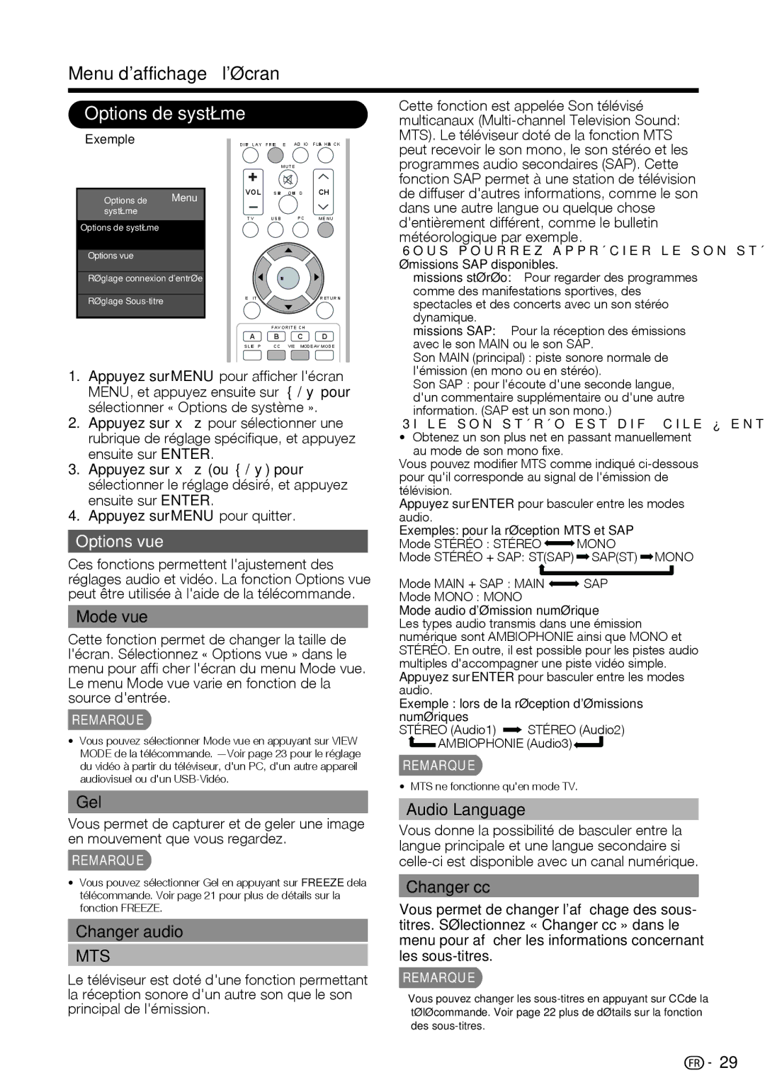 Sharp LC-39LE440U manual Options de système, Options vue 