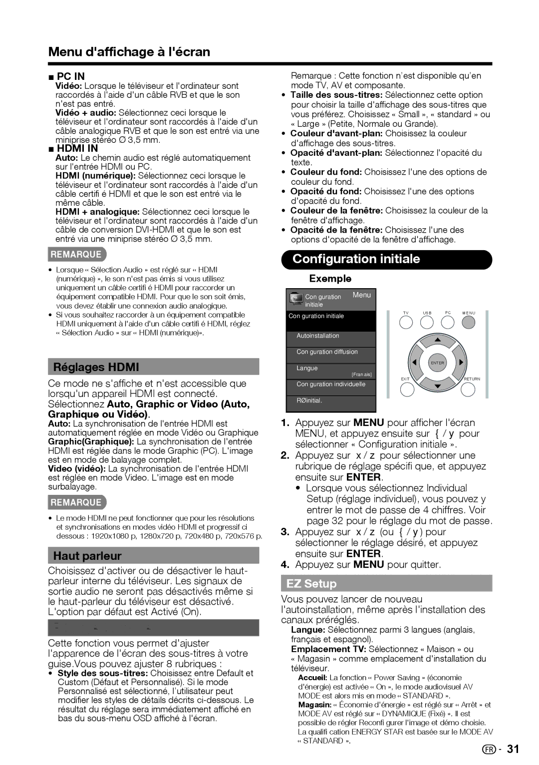 Sharp LC-39LE440U manual Conﬁguration initiale, Réglages Hdmi, Haut parleur, Réglage Sous-titre 