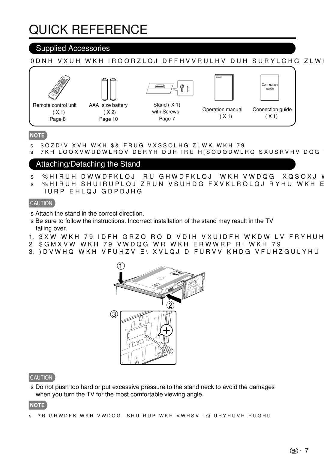 Sharp LC-39LE440U manual Supplied Accessories, Attaching/Detaching the Stand, Remote control unit AAA size battery 