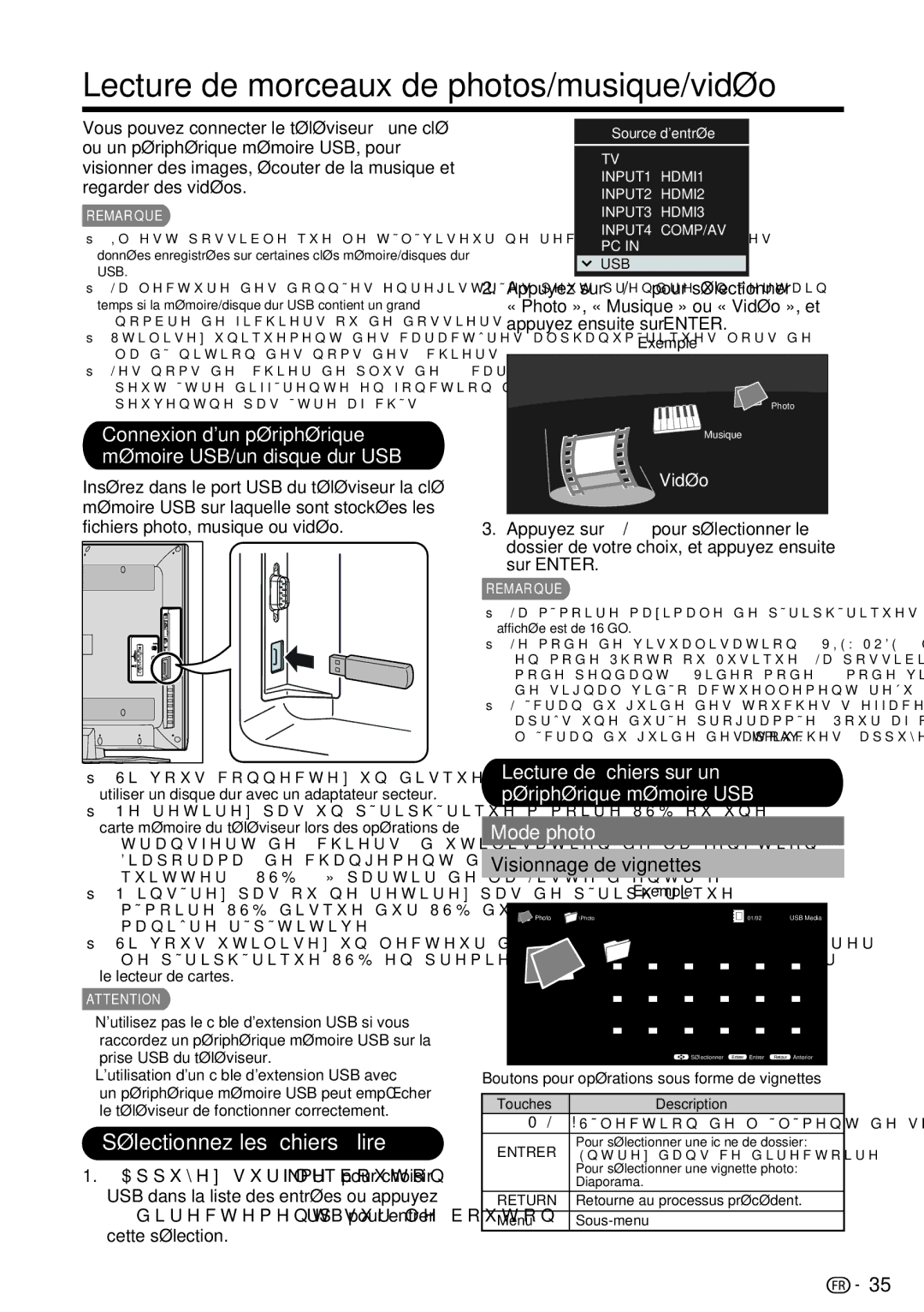 Sharp LC-39LE440U manual Sélectionnez les ﬁchiers à lire, Connexion dun périphérique mémoire USB/un disque dur USB 