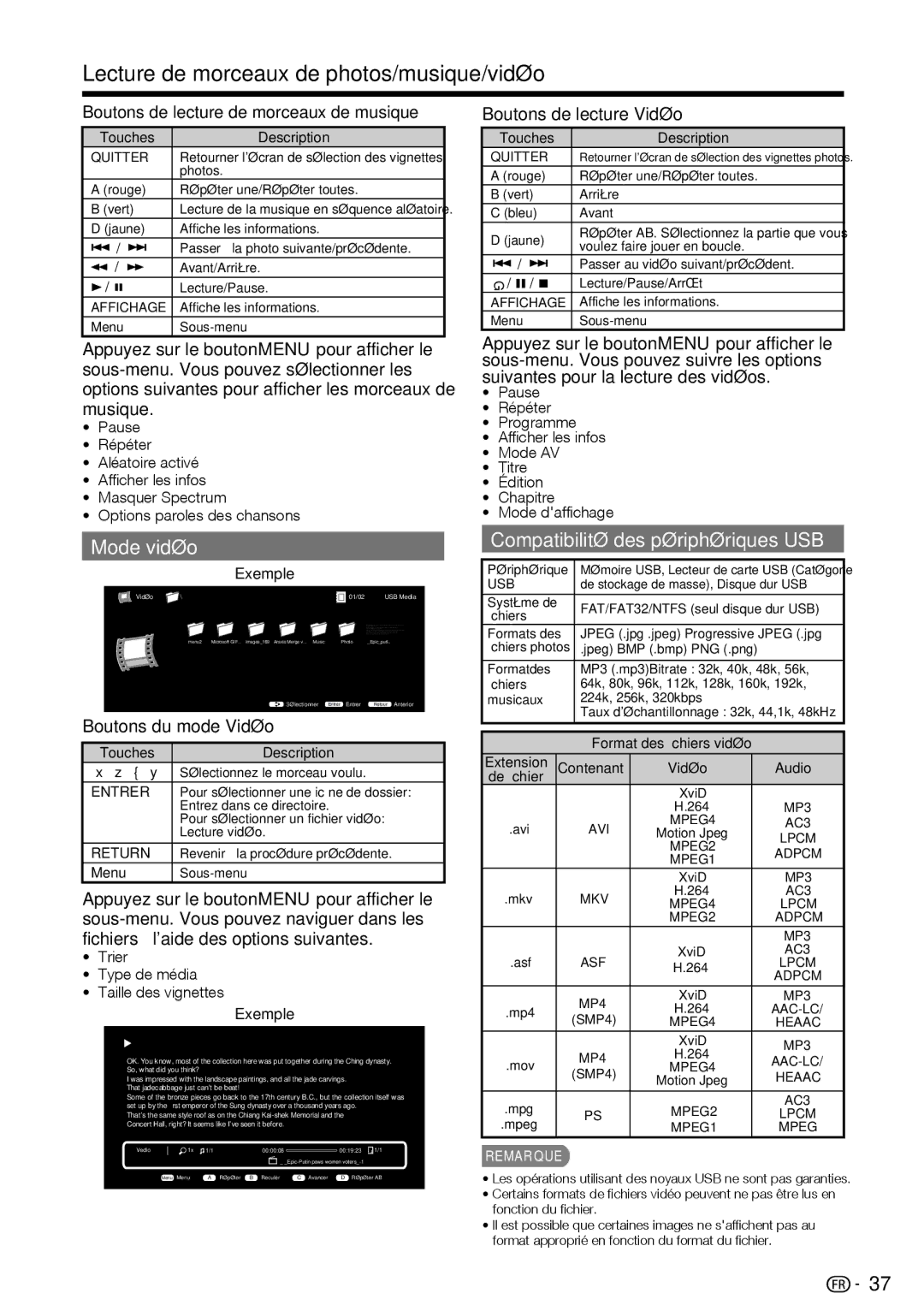 Sharp LC-39LE440U manual Mode vidéo, Compatibilité des périphériques USB, Boutons du mode Vidéo, Boutons de lecture Vidéo 