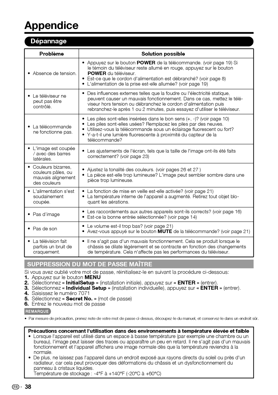 Sharp LC-39LE440U manual Appendice, Dépannage, Problème Solution possible, Absence de tension, Mauvais alignement 