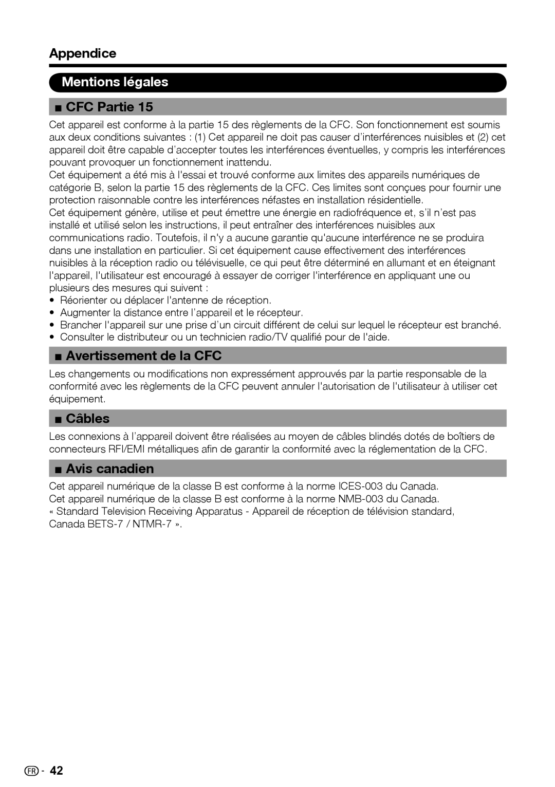 Sharp LC-39LE440U manual Mentions légales, CFC Partie, Avertissement de la CFC, Câbles, Avis canadien 