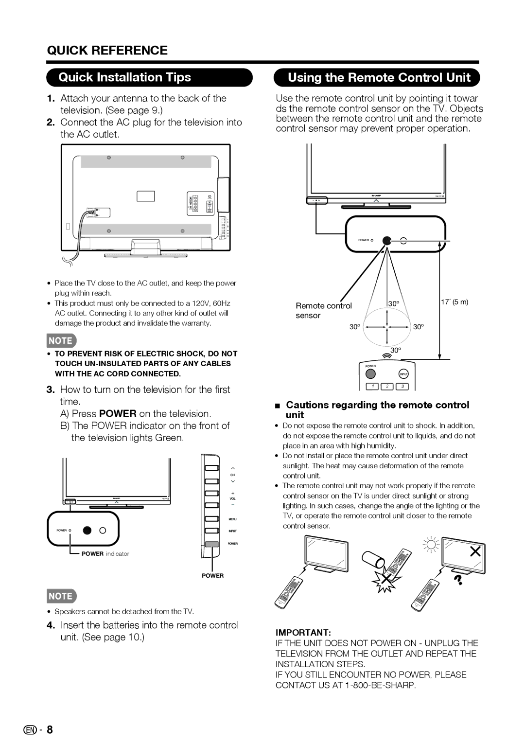 Sharp LC-39LE440U manual Quick Installation Tips Using the Remote Control Unit, Remote control, Sensor 