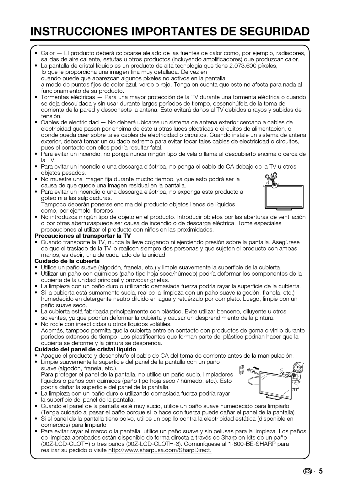 Sharp LC-39LE440U manual Precauciones al transportar la TV, Cuidado de la cubierta, Cuidado del panel de cristal líquido 