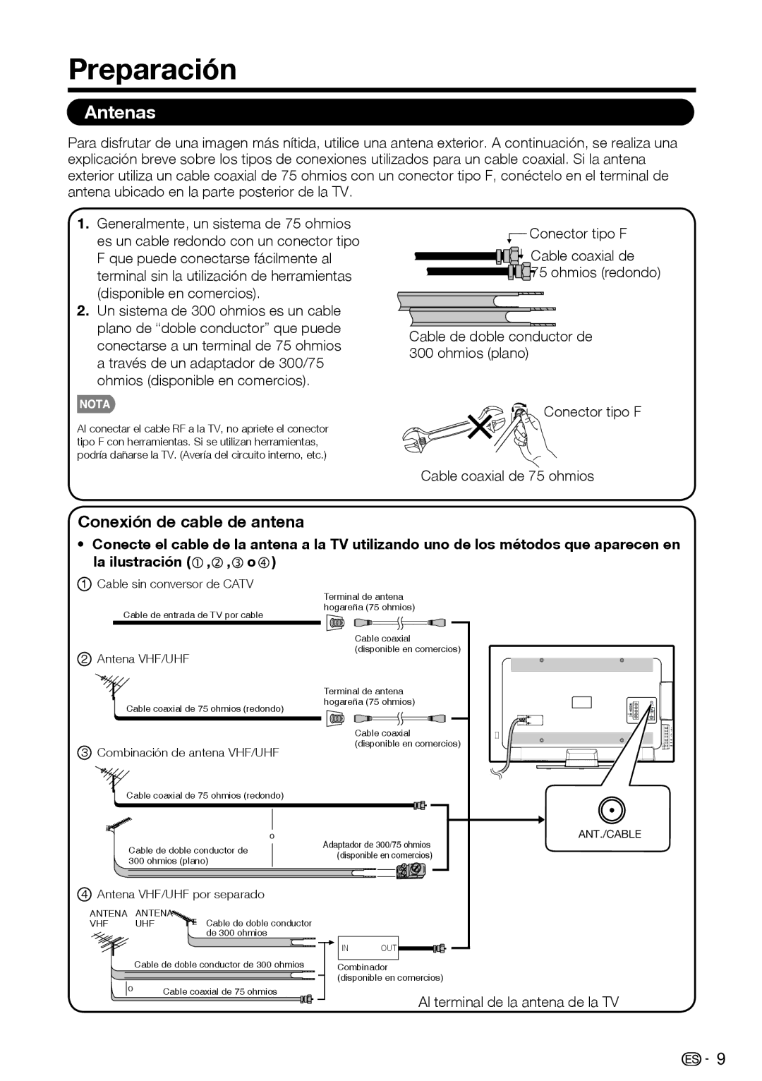 Sharp LC-39LE440U manual Preparación, Antenas, Conexión de cable de antena, Conector tipo F 