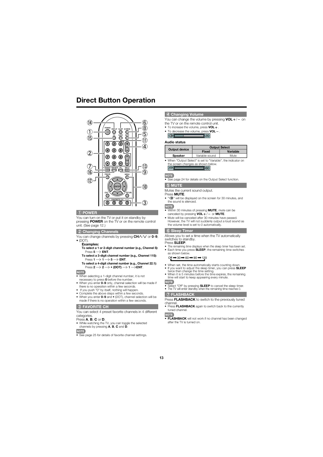 Sharp LC-40D68UT operation manual Direct Button Operation, Changing Volume, Changing Channels, Sleep Timer 