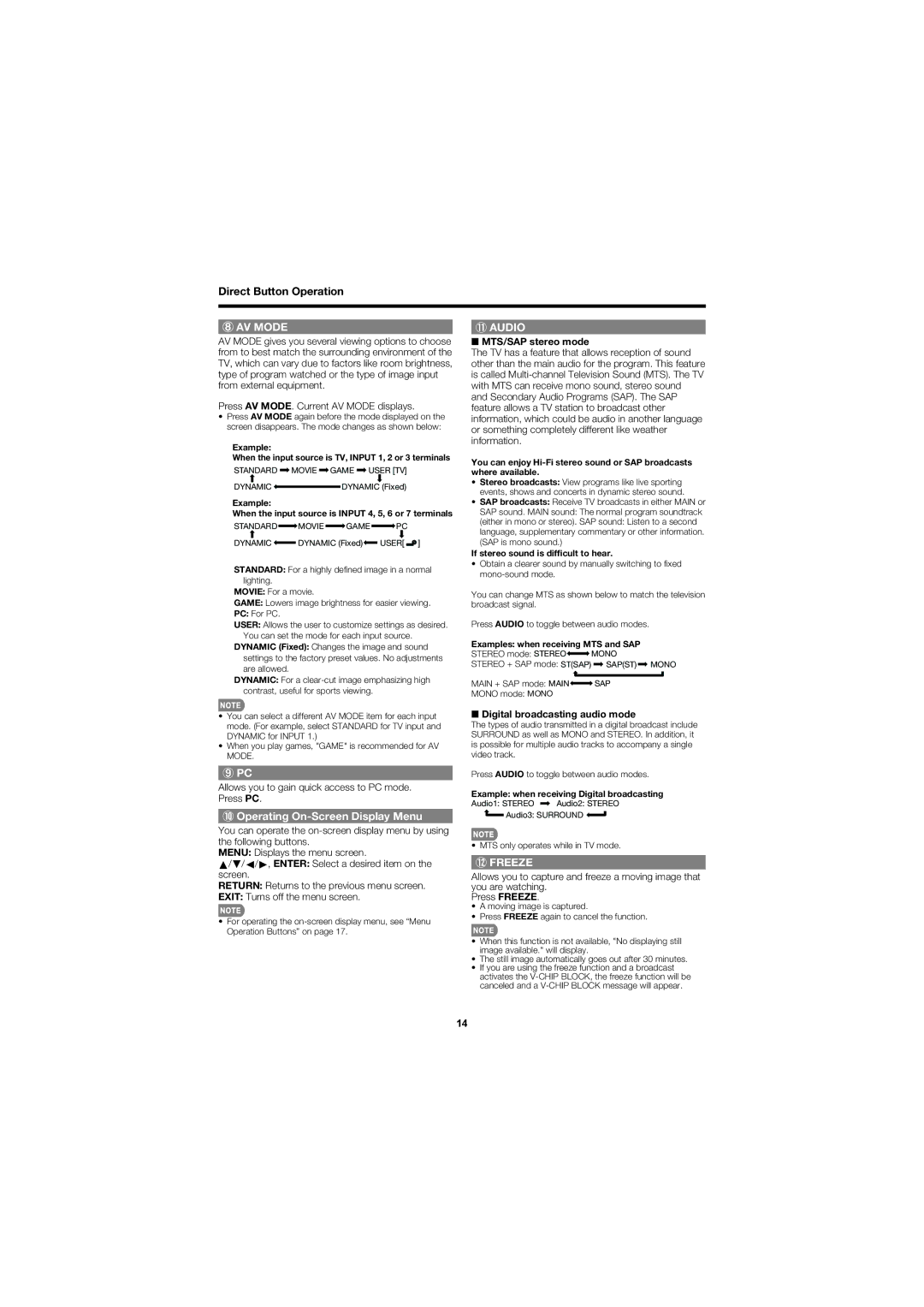 Sharp LC-40D68UT operation manual Direct Button Operation, ⑨ PC, MTS/SAP stereo mode, Digital broadcasting audio mode 