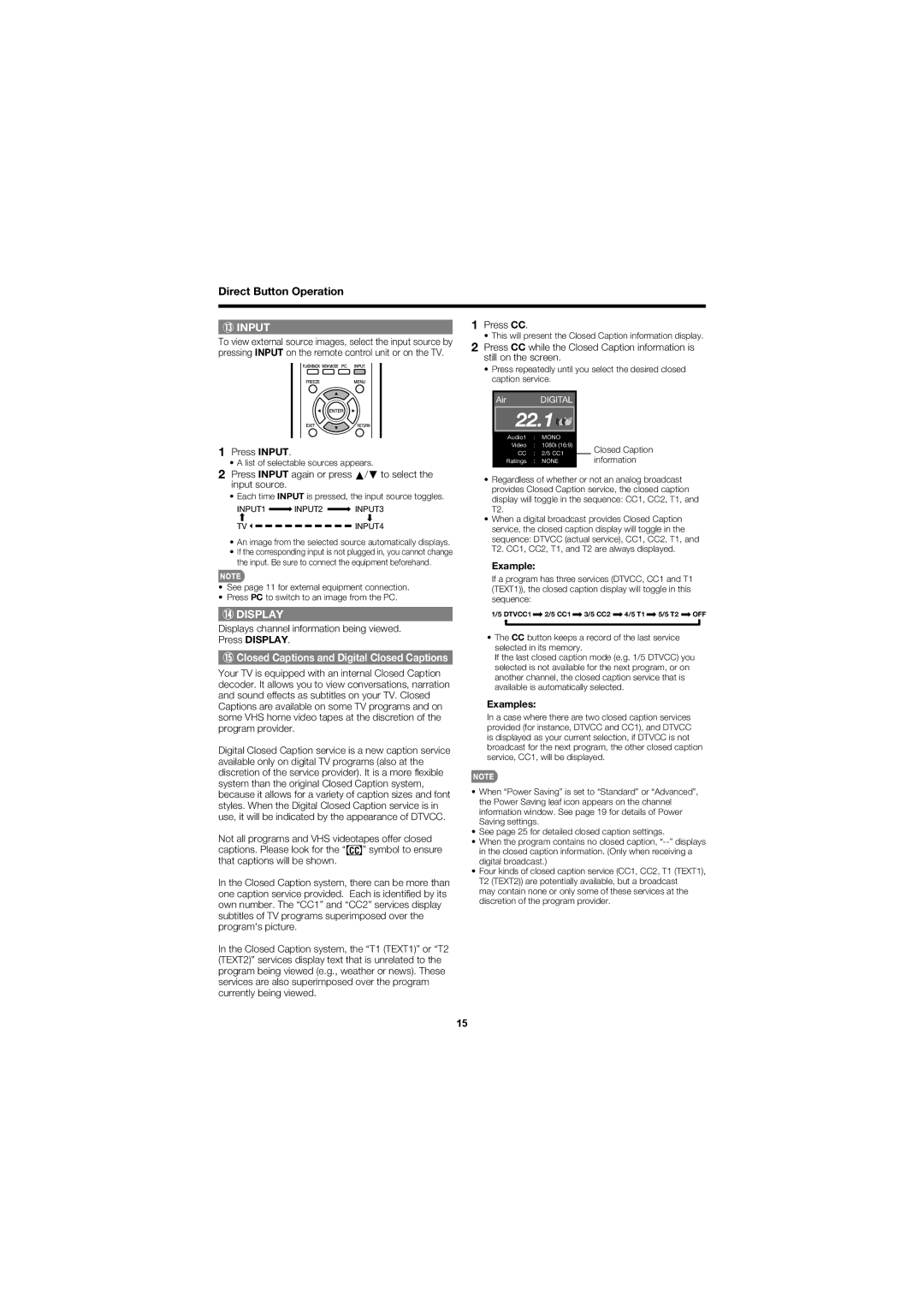 Sharp LC-40D68UT operation manual Press CC, Press Input again or press a/b to select the input source, Example 