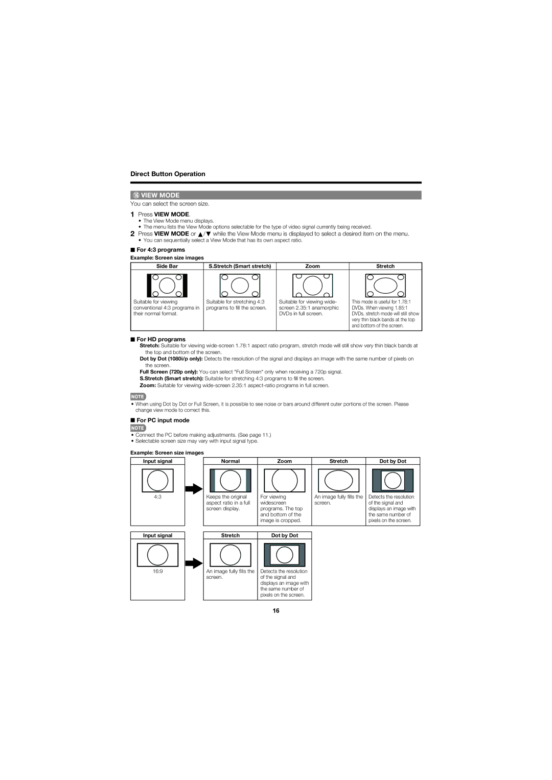 Sharp LC-40D68UT You can select the screen size, Press View Mode, For 43 programs, For HD programs, For PC input mode 