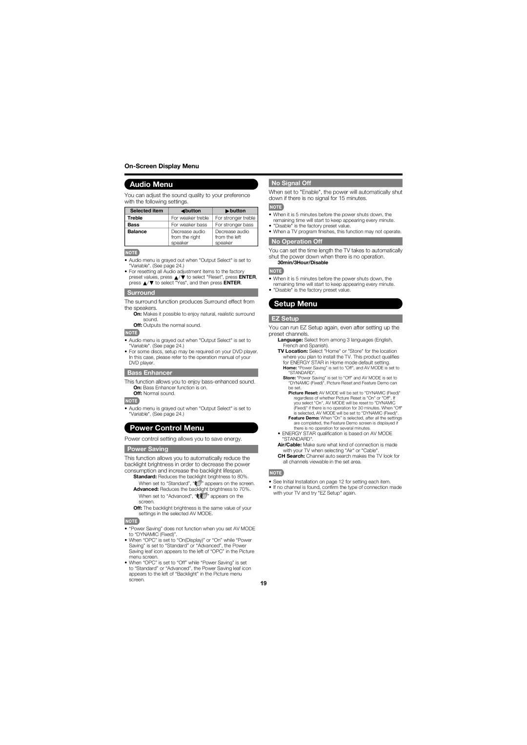 Sharp LC-40D68UT operation manual Audio Menu, Setup Menu, Power Control Menu 