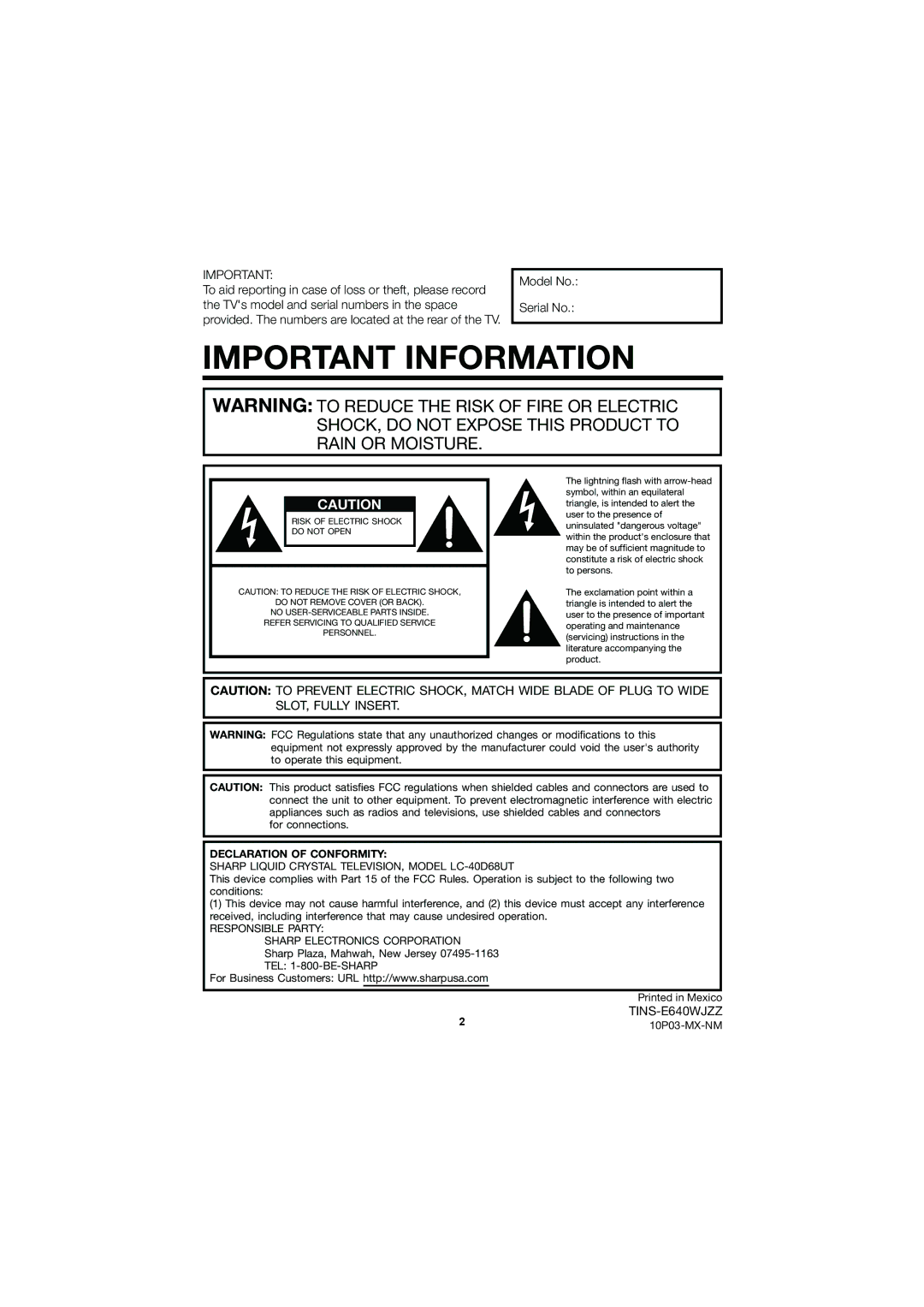 Sharp LC-40D68UT operation manual For connections, 10P03-MX-NM 